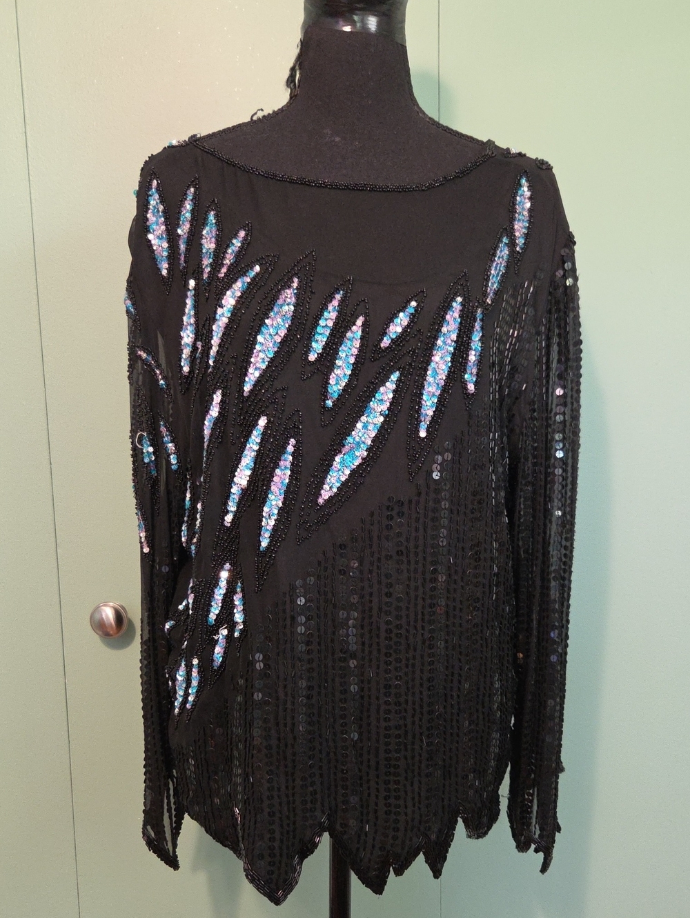 Vintage Sho Max Originals 100% Silk Back Sequin Beaded Long Sleeve Top Blouse 1x
